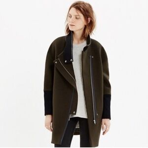 Madewell City Grid Cocoon wool-blend coat in olive green w/ black leather trim 4